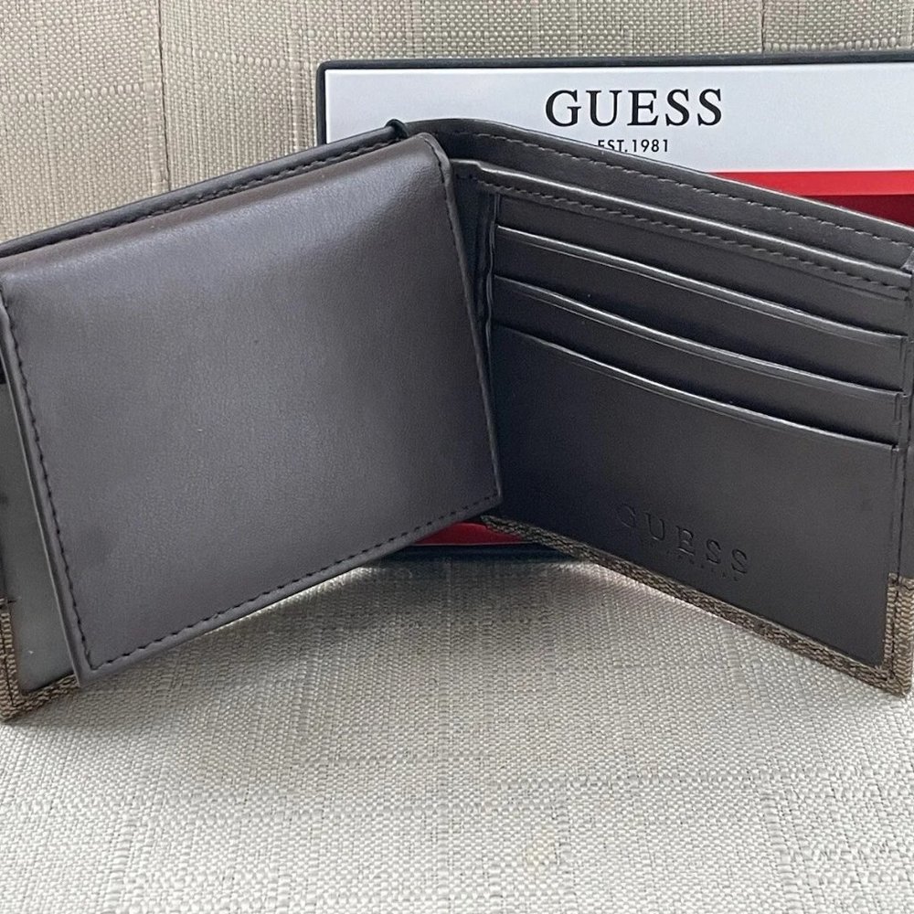 Guess Men Billfold Cardholder Brown Leather Bifold Wallet Purse New In Box - Picture 6 of 12